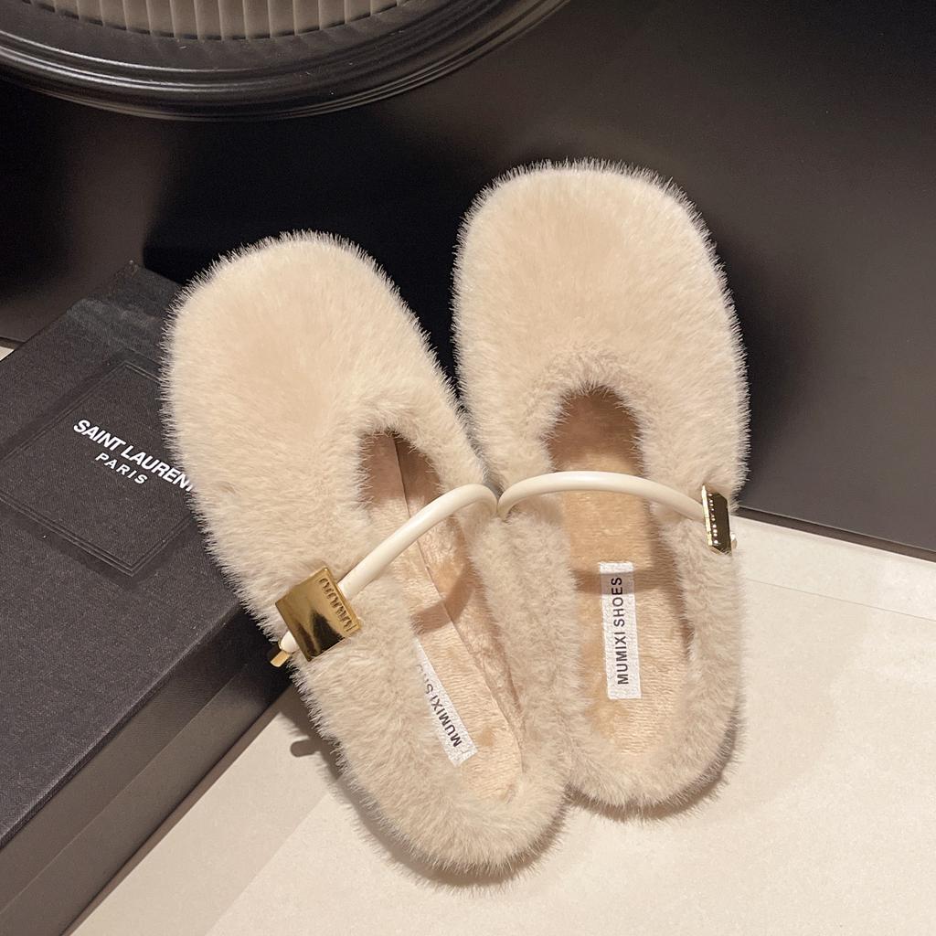 2025 autumn and winter new casual cotton slippers European and American one-word belt inner height increase women's shoes Mao Mao Mary Jane flat shoes