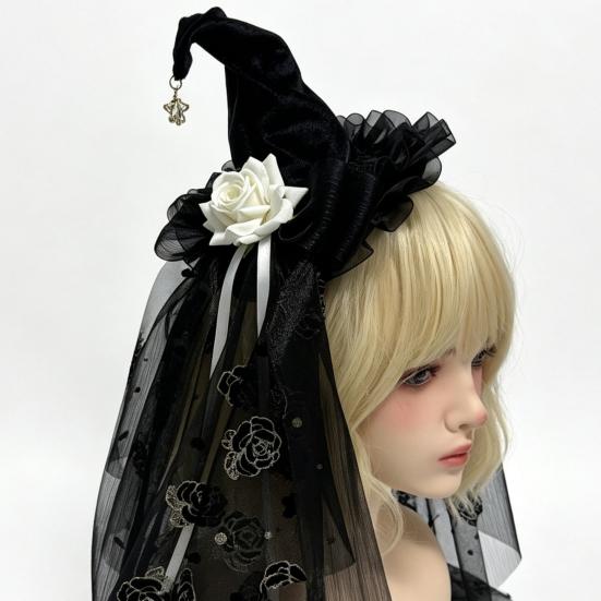 Holiday Atmosphere Props Halloween Witch Hat with Rose for Women, Gothic Vintage Mini Wizard Creative Headpiece Veil Costume, Dress Up, Masquerade