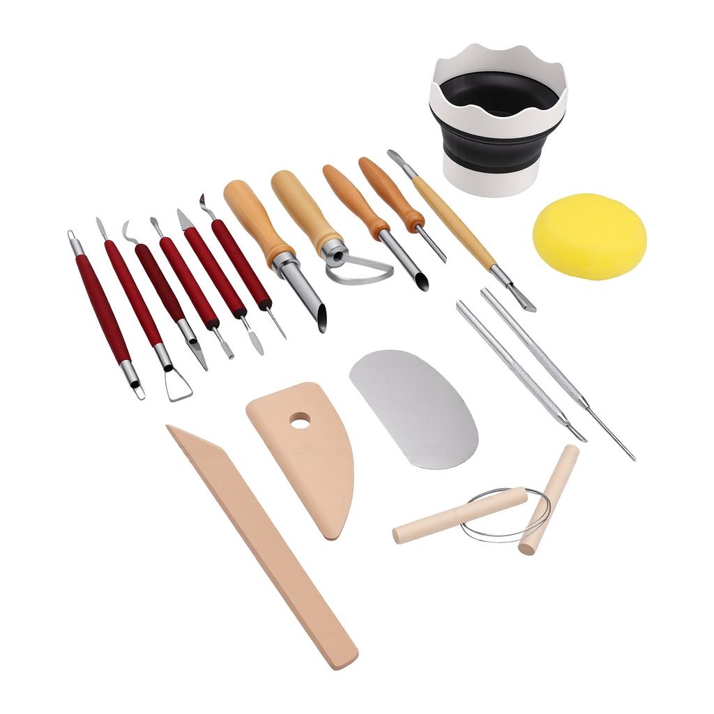 19 Pcs Pottery Tools Kit with Wooden Handle Stainless Steel Clay Sculpting Tools for Ceramics Carving Shaping Detailing
