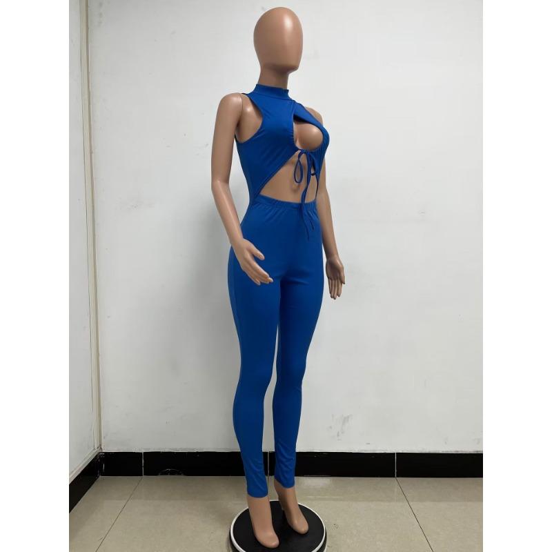 Women's Summer Hollow Tie Up Irregular Sleeveless Backless Tight Jumpsuit
