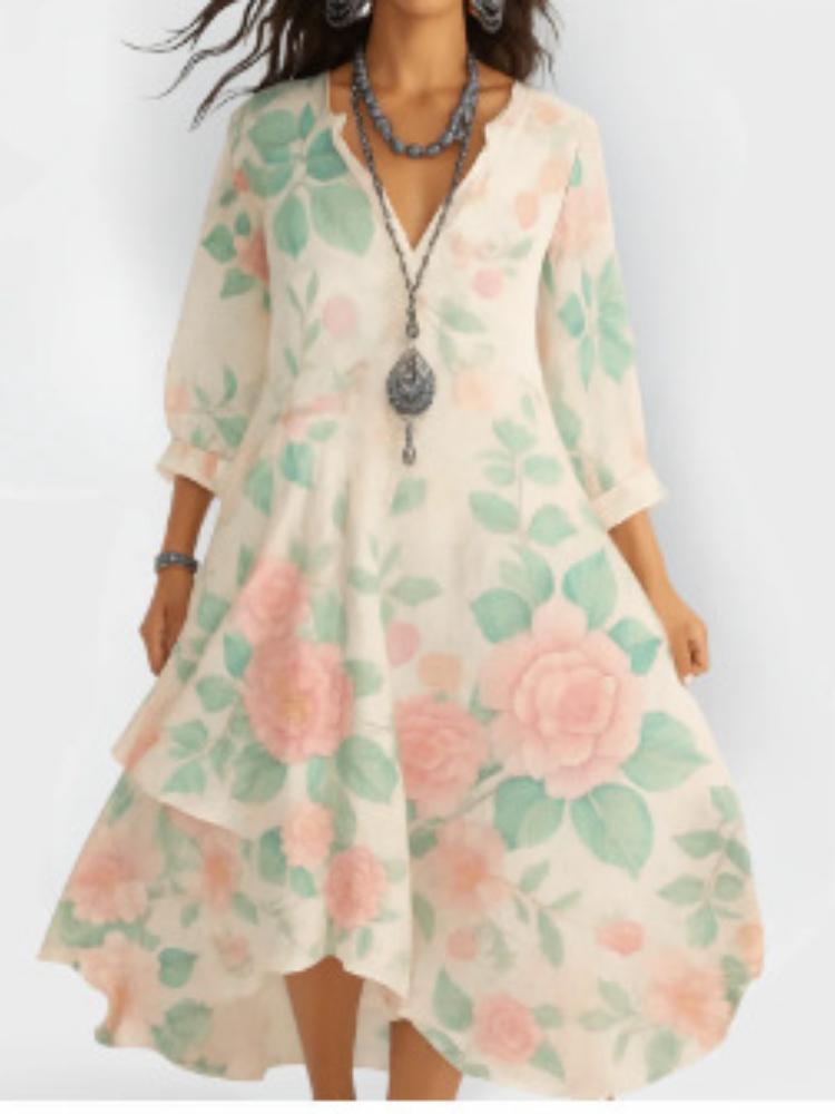 Midi-kjole med V-hals og blomsterprint, asymmetrisk fald, kort erme, flere farger