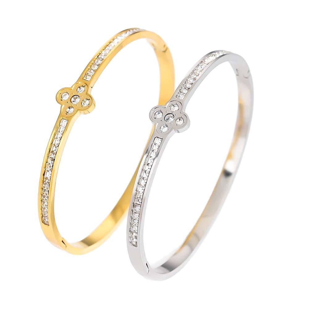 Elegant Four-Leaf Clover Zircon Bracelet: Gold-Plated Titanium Steel Floral Jewelry