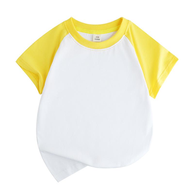 Summer Cotton Raglan Color Block Kids' Round Neck T-Shirt - Solid Color, Sweat-Absorbing, Short Sleeve Uniform
