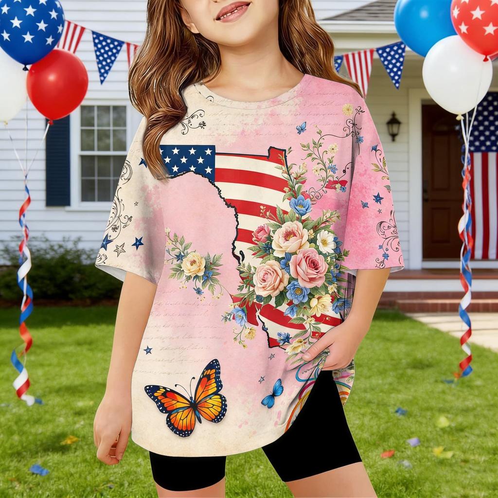 Kids Independence Day Print Round Neck Short Sleeve Casual T-shirt