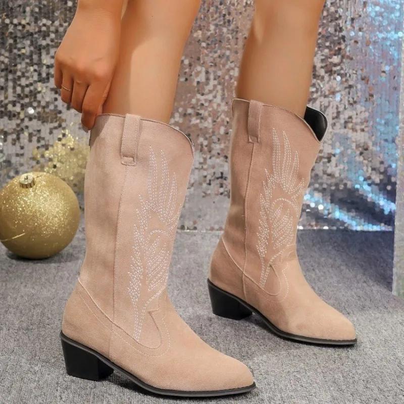 Fashion Women Cowboy Boots Fashion Mid Heel Elegant Boots Women Winter Slip On Pointed Toe Boots New Fashion Outdoor Shoes for Women