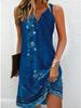 European and American Women's Floral Button A-line V-neck Sleeveless Dress, 2024 Fashion Trend.