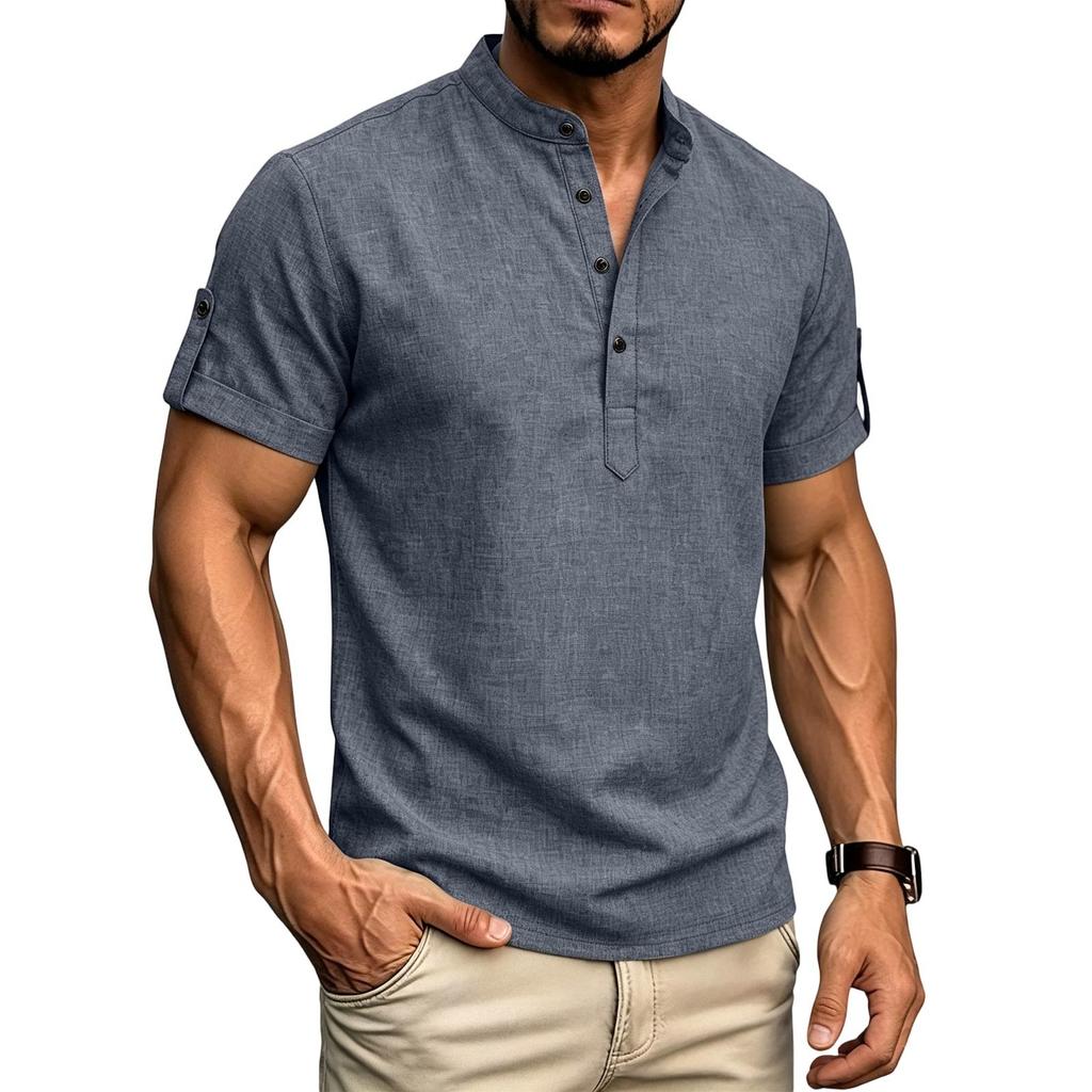 Herren Freizeit Henley-Shirt Kurzarm Geknöpfter Kragen Leichtes Atmungsaktives Gewebe Sommer Oberteil für den Alltag