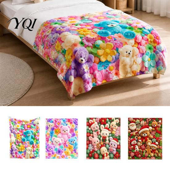 Soft Texture Blanket for Couch Teddy Bear Floral Print Blanket, Super Plush Throw Cute Bunny Personalized Space Decoration Puppy Pattern, Cozy Flannel