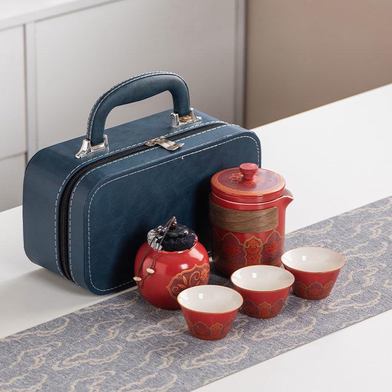 Ancient Charm Ceramic Travel Tea Set: Quick-Brew Pot with Three Cups for Outdoor Use - Customizable Logo Gift