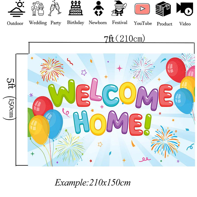 Mocsicka Welcome Home Backdrop Light Blue Radial Stripe Colorful Balloons Photography Background Family Party Celebration Banner