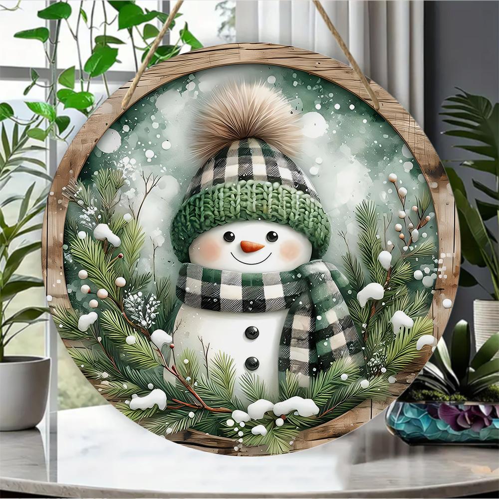 Rustic Farmhouse Snowman Print Round Wooden Hanging Plaque Winter Pine Wreath Wall Decor Front Door Hanging Sign Indoor Outdoor Holiday Decoration