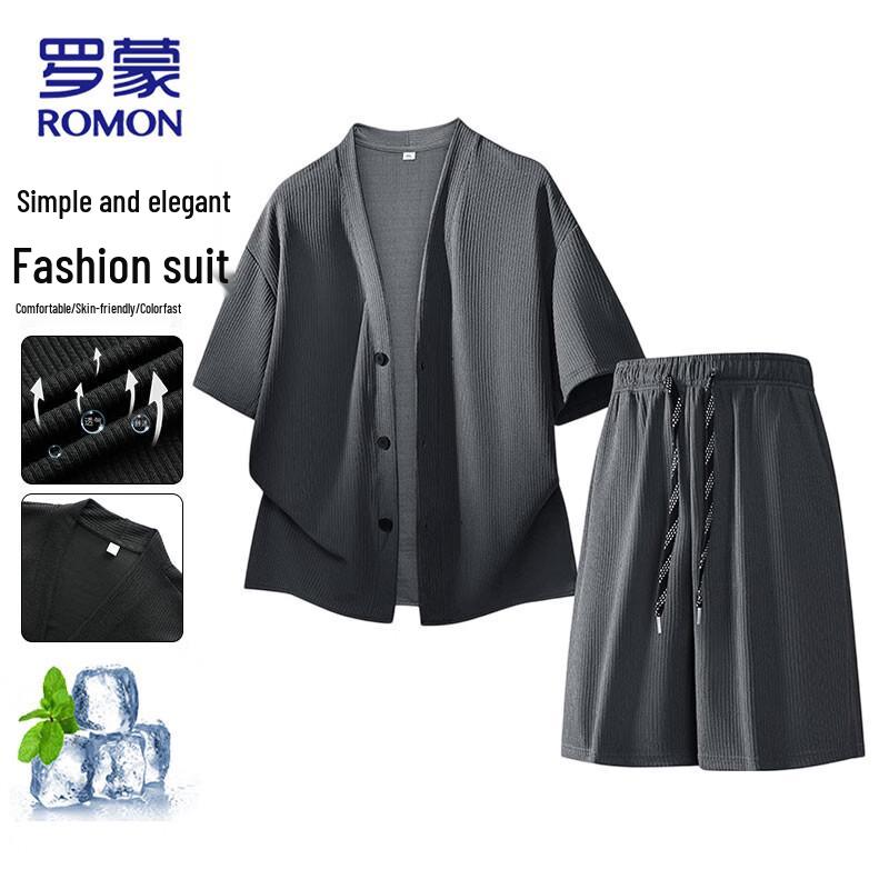 ROMON Men s V-Neck Short Sleeve Ice-Feel Casual Set M