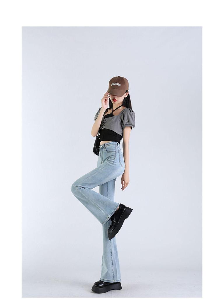 Women's High-Waisted Light Blue Micro-Flared Jeans - 2024 Spring/Autumn Versatile Long Pants.