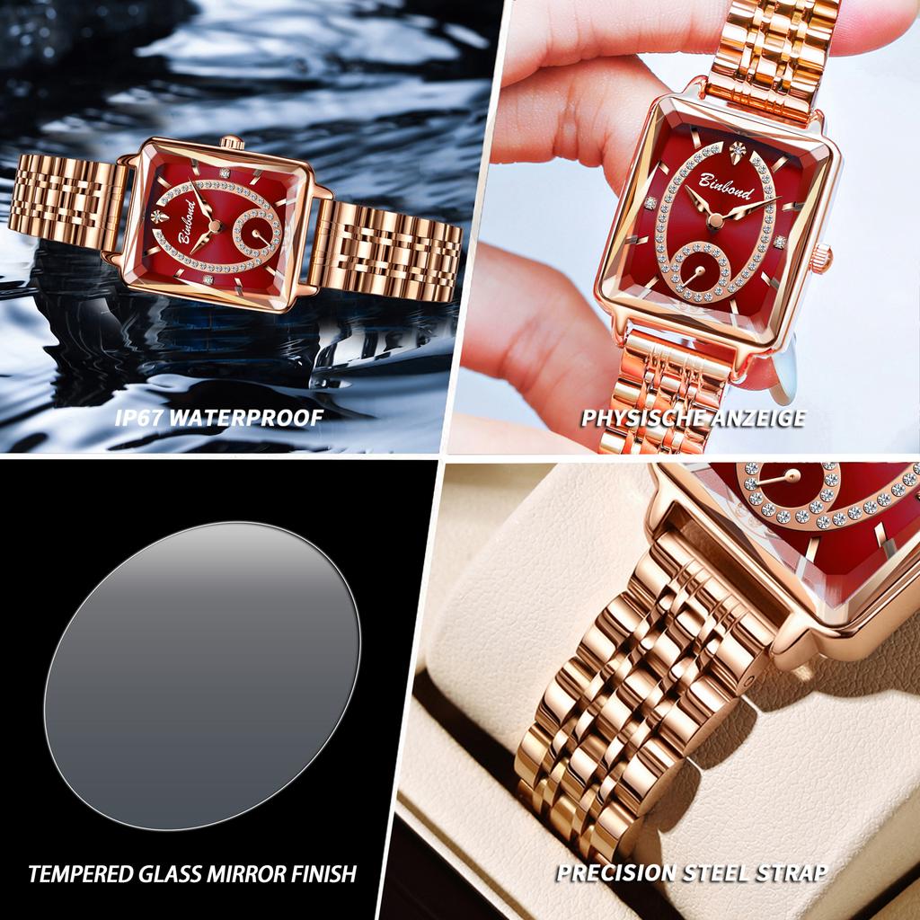 BINBOND Women's Rectangle Quartz Watch Fashion Luminous Waterproof Zircon Durable Casual Luxury Quartz Watch For Ladies