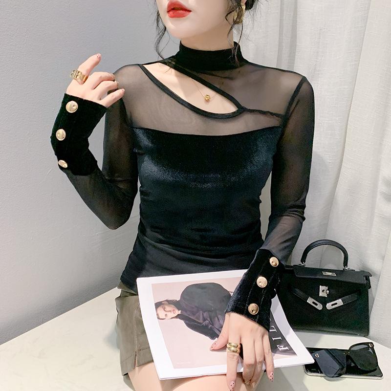 

Узкая футболка с длинными рукавами, сексуальная сетчатая рубашка на основе для женщин, весенний новый бархатный ажурный пуловер 4XL