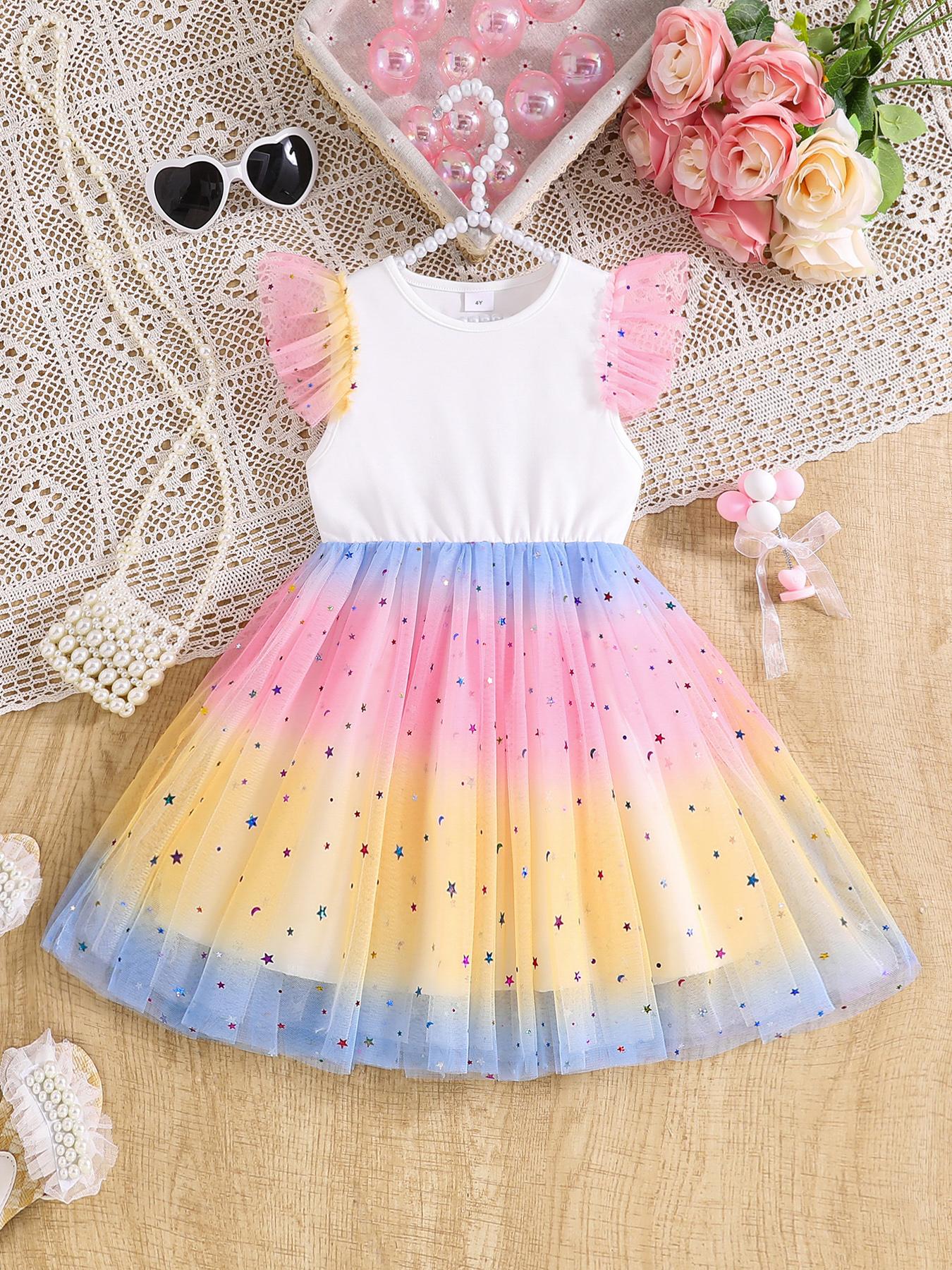 Girls Gradient Star Tulle Dress Summer Casual Flutter Sleeve Princess Dress for Kids (Random Color) 4Y разноцветный