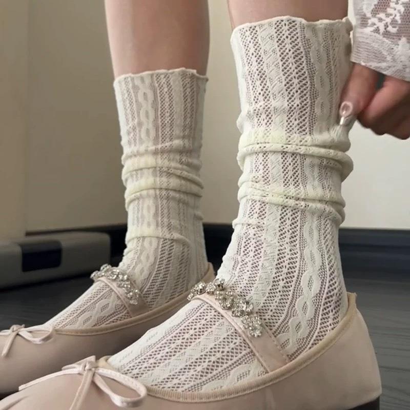 Summer Thin Net Socks Paired with Mary Jane Shoes, Ballet-style Hollowed-out Linen Patterned Mid-calf Socks, Women's Pile-up Socks