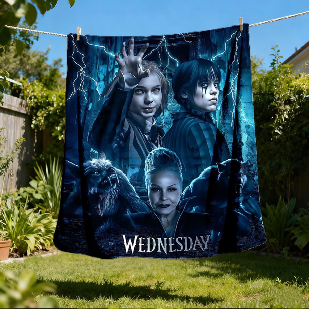 1 szt. Flanelowy koc zewnętrzny Rodzina Addamsów Środa, Przytulny i ciepły Miękki do zabawy, Drzemka Kemping,