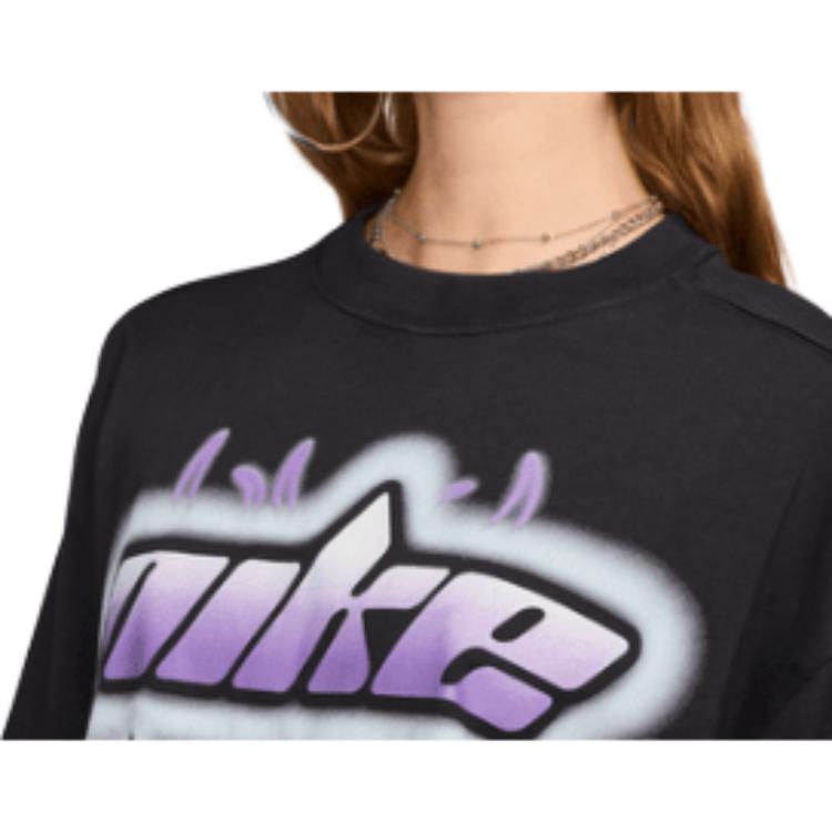 Nike Letter Oversized Round Neck Short Sleeve T-Shirt Women tops Black FZ1147-010