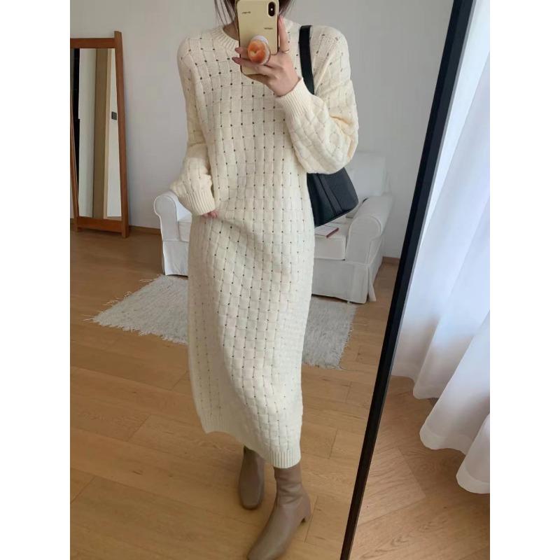 

Temperament round neck loose knitted dress women s autumn and winter new fashion casual inside with backing sweater skirt one size fits all
