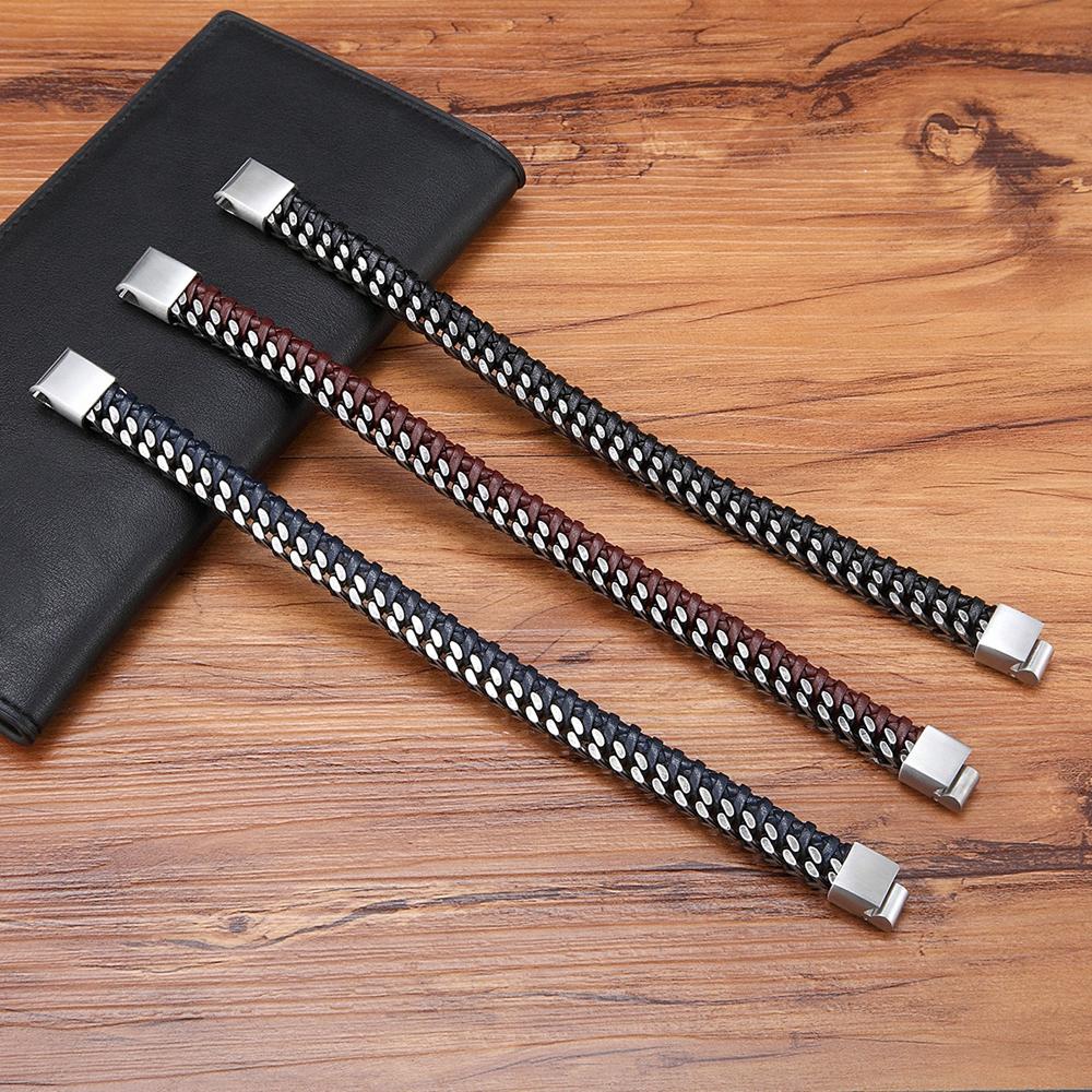 Luxury Vintage Handmade Leather Braid Men Bracelet Stainless Steel Buckle Business Men's Bangles for Friend Partner Lovers
