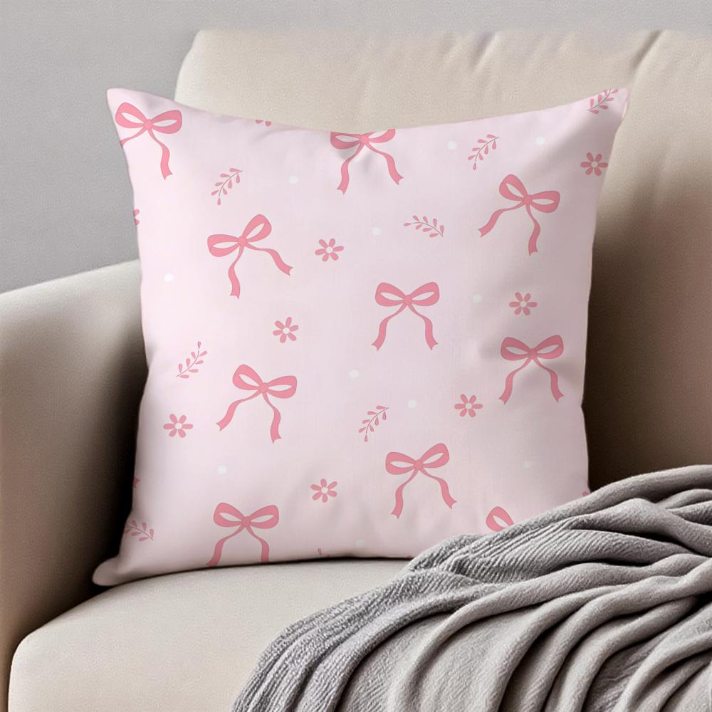 Pink bow cherry Cushion Cover Pillowcase Antidustmite Invisible Zipper Short Plush Sofa Cushion