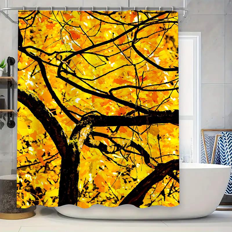 

Modern Bathroom Decor: Sunlit Tree Design Printed Shower Curtain Yellow Orange Black Waterproof Fabric With Hook For Home Decora W60H190(CM)-1 Pcs