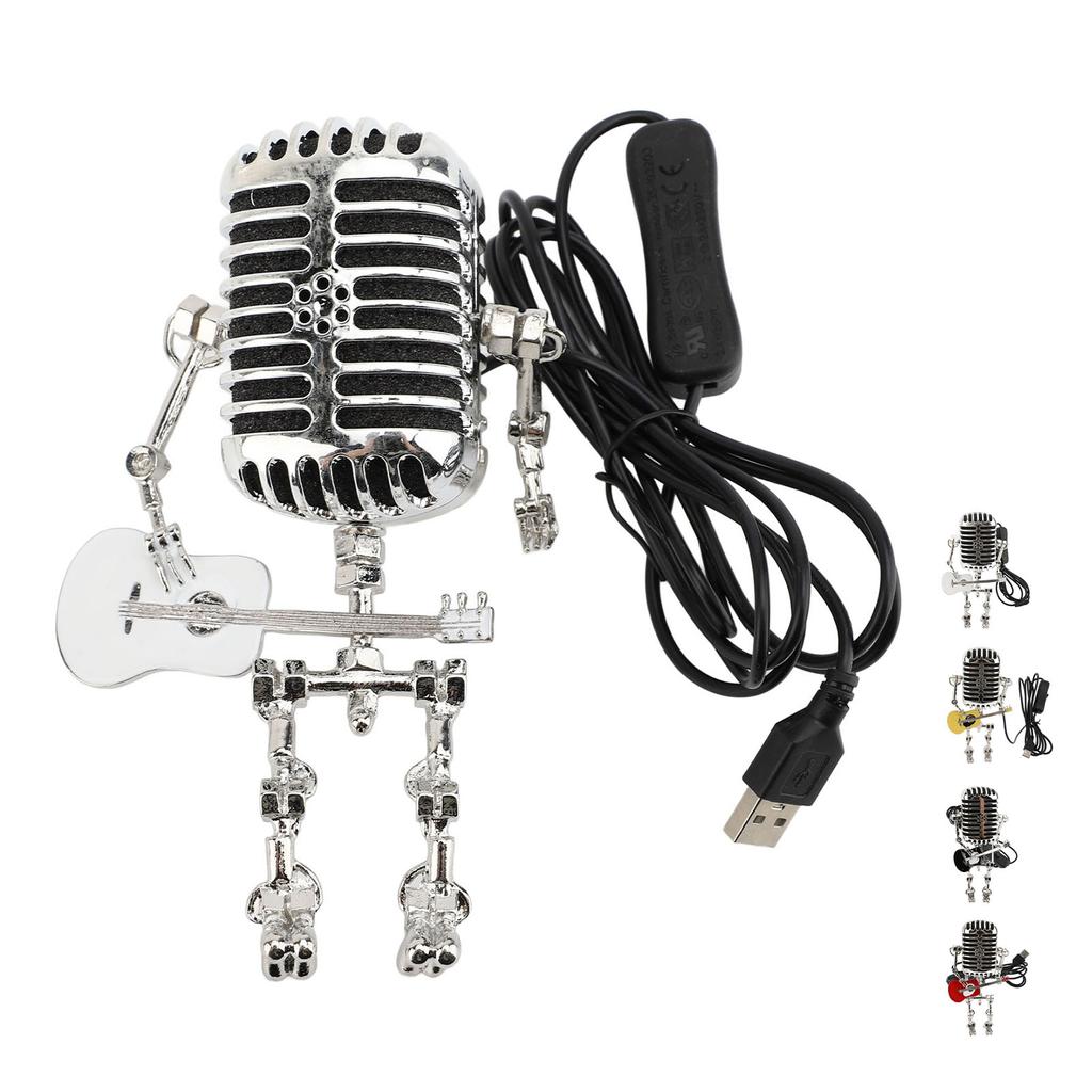 Vintage Microphone Guitar Robot Table Lamp Aluminum Retro Metal Robot Night Light for Bedroom Desk H