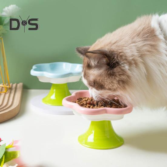 Ceramic Raised Cat Bowls Flower Design Elevated Cat Food Water Bowl Small Cat Feeding Dish for Cats Small Dogs