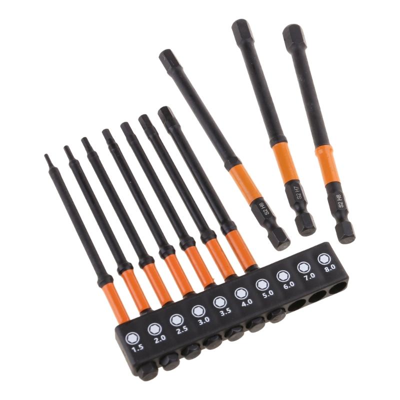 10Pcs Impacts Hex Head Wrenches Drill Bit Set 1/4" Hex Shank Steel Hex Bit Set Tip with Magnetism Screwdriver Bit