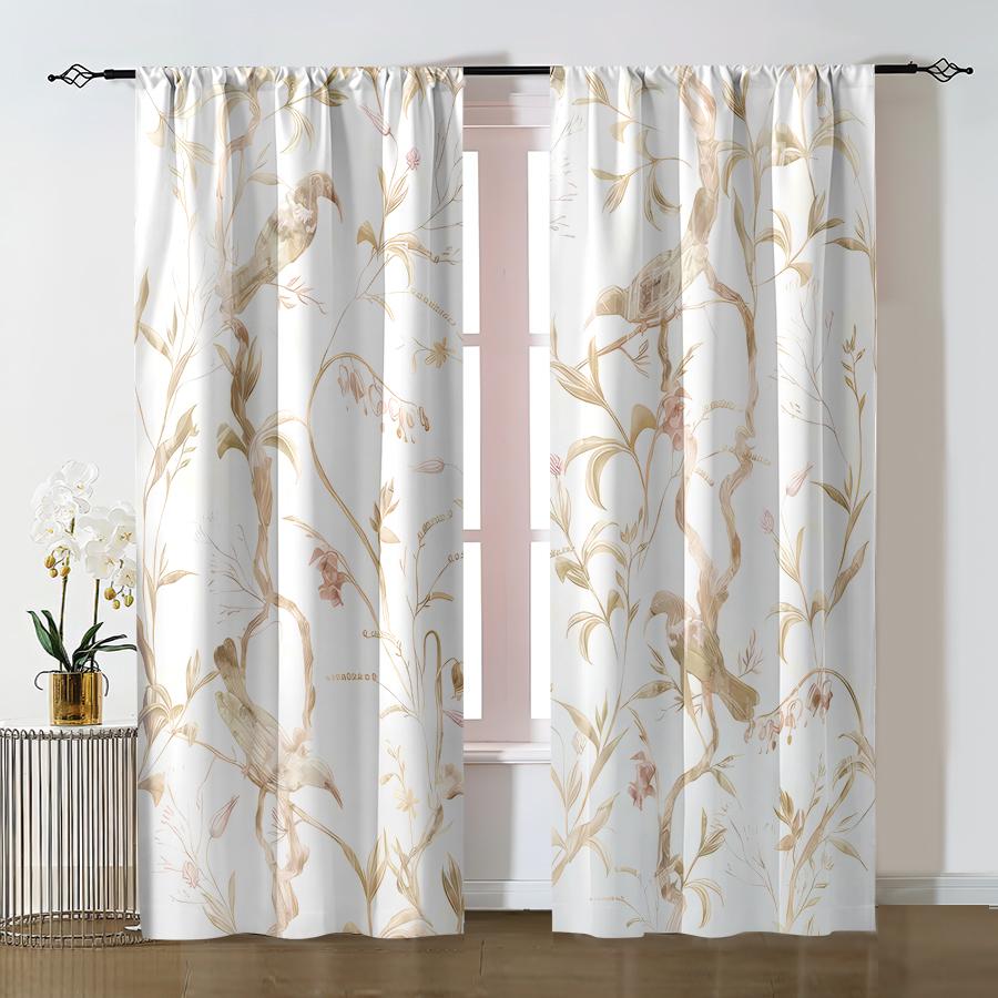 2pcs  Flowers   birds   branches   leaves   curtains   fresh rural style   living room   bedroom   pull rod pocket   window decoration