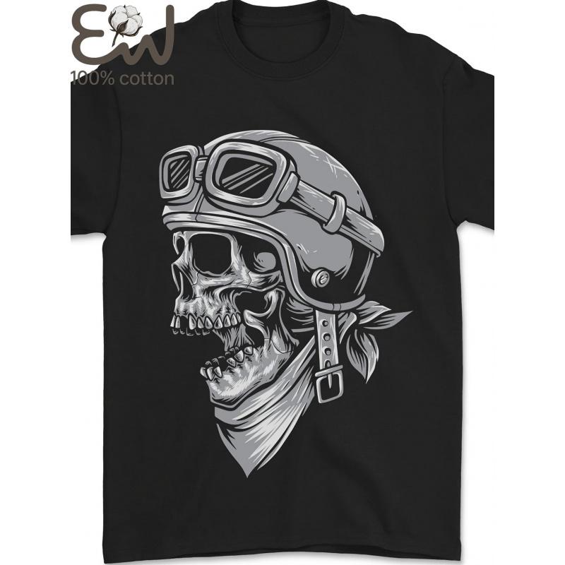 Men'S Heavyweight 100% Cotton Biker Outlaw Skull Motorcycle T-Shirt - Black with White Goggles & Full Skull & Goggles Print, All-Season Comfort Fit