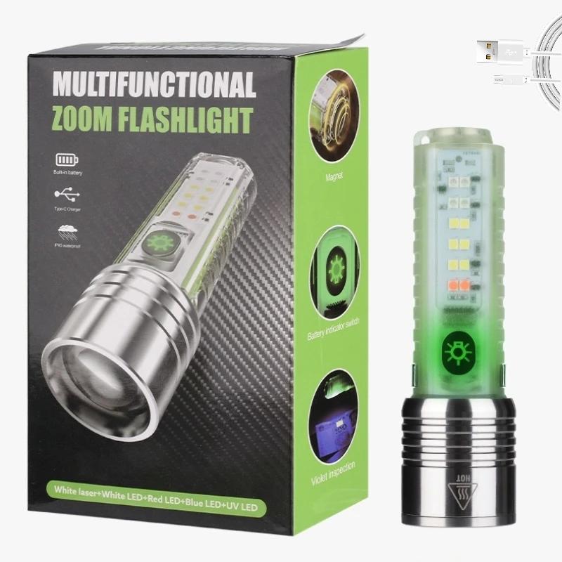 Powerful White Laser Flashlight Zoom Fluorescence Portable Long-range Torch Type-C Charging Strong Magnetic Searching Lamp