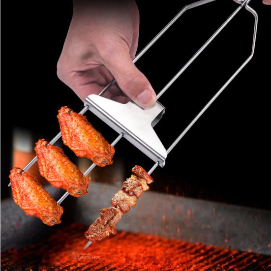 3-Prong BBQ Skewers Set Stainless Steel Grill Skewers with Push Slider Bar Dishwasher Safe Three-Prong Kabob Sticks for Meat Veggies Shrimp