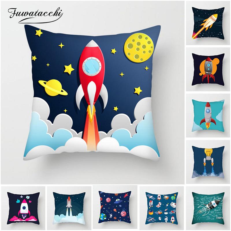 Copricuscino Cartone Animato Navicella Spaziale Astronauta Razzo Decorativo Federa per Cuscini per Casa Sedia Spazio 45*45cm