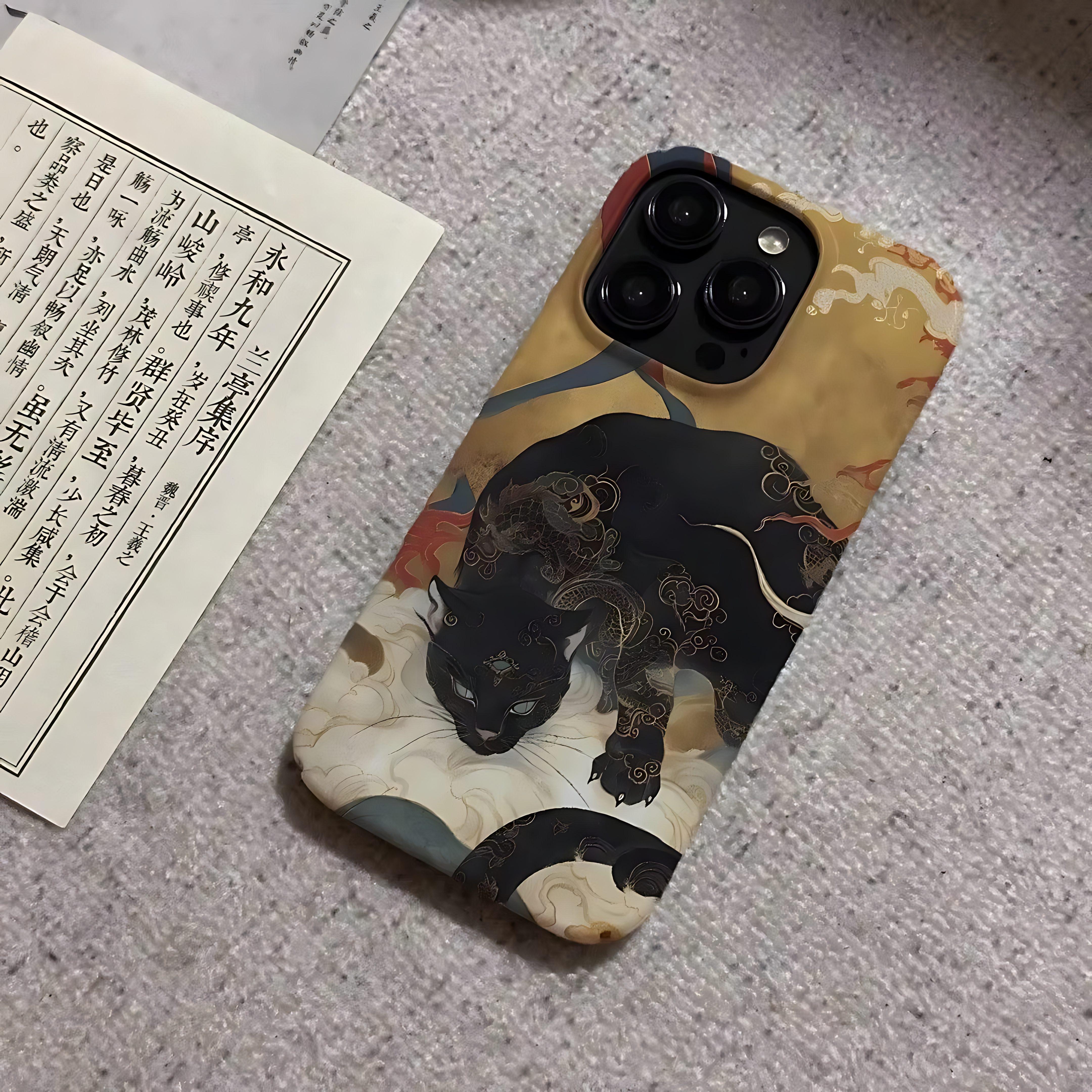 

Черный Кот в Восточном Стиле с Чехлом для Телефона для iPhone 17 16 15 14 13 12 11 Air Pro Max X XS XR XSMax 7 8 Plus Глянцевый Жесткий PC Чехол iPhone 11