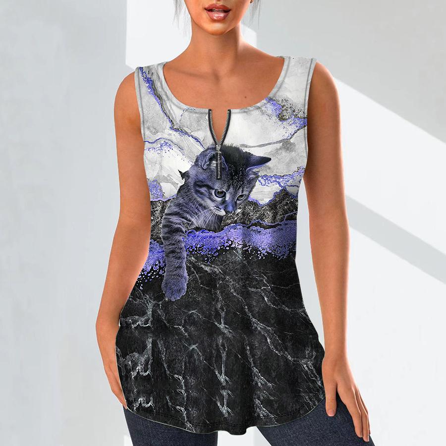 Women's Fashion V Neck Shirts Casual Tops T-shirt Ladies 3D Mischievous Cat Print Vest Plus Size Sleeveless Blouse Tank Tops