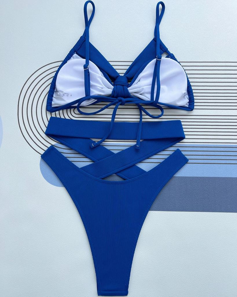 Damski strój kąpielowy w jednolitym kolorze, w paski Halter, seksowny krawat na plecach, bikini z wysokim stanem, kostiumy kąpielowe