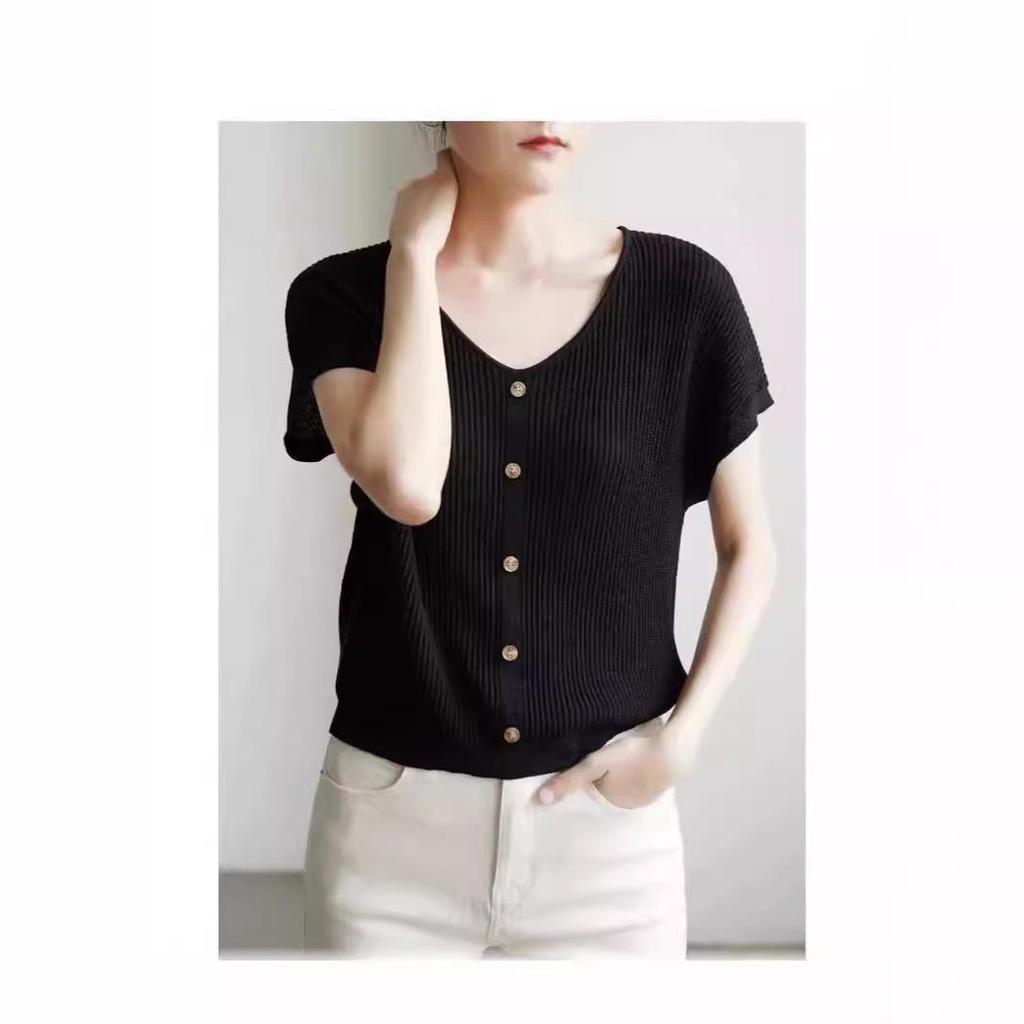 Exquisite French Retro Ice Silk V-Neck Knitted Summer T-Shirt for Women