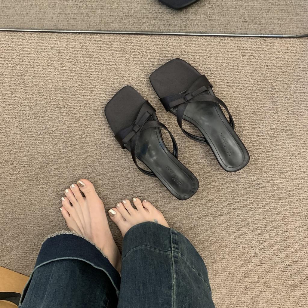 Fashion Slippers Casual Female Shoes Beige Heeled Sandals Slides Butterfly-Knot Square heel Luxury 2025 Black Block Butterfly-knot