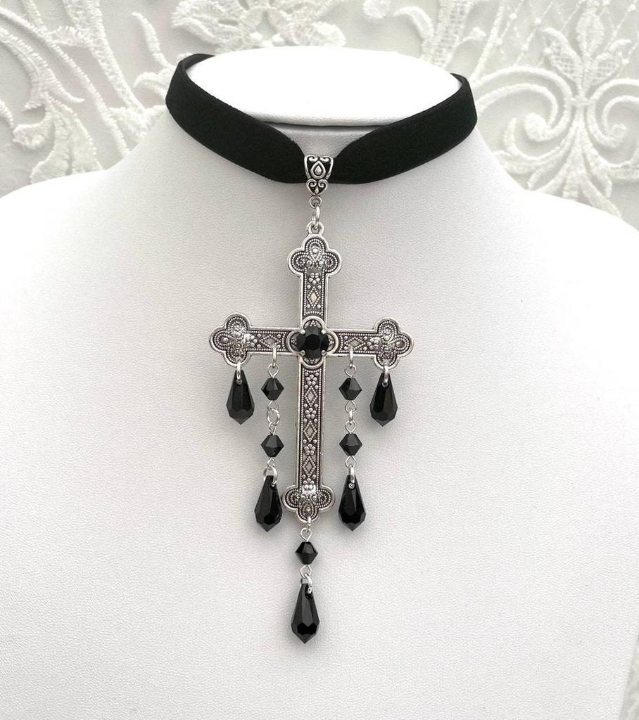 Geometric Gothic Cross Choker Necklace With Electroplated Alloy For Women