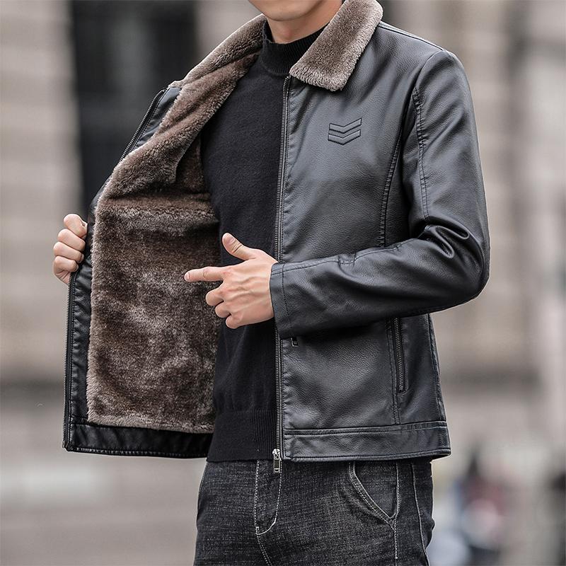New Leather Jacket for Men Windproof Breathable Motorcycle Coat Thin Fur Collar Fleece Korean Fashion Street Wear Male
