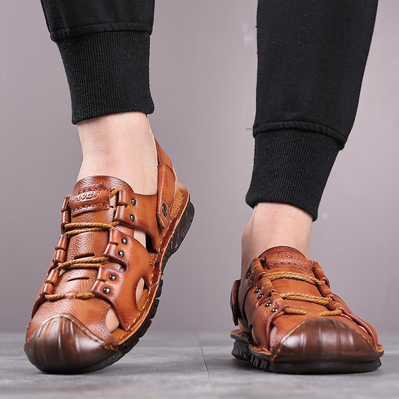 Summer outdoor sandals men's leather jelly sole men's baotou hole beach men's cool slippers breathable breathable non-slip