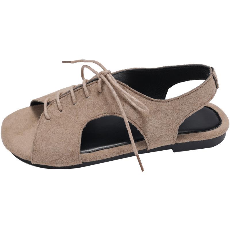 

2025 summer new open-toe lace-up sandals women s fashion versatile retro straps flat-bottomed niche cool slippers outer wear 35 хаки