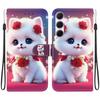 Handmade PU Leather Flip Case for Samsung Galaxy A55 (A556V/A556B/A556E)- Anti-Slip Shockproof Cover with Wrist Strap & Heart/Rose Cat Designs