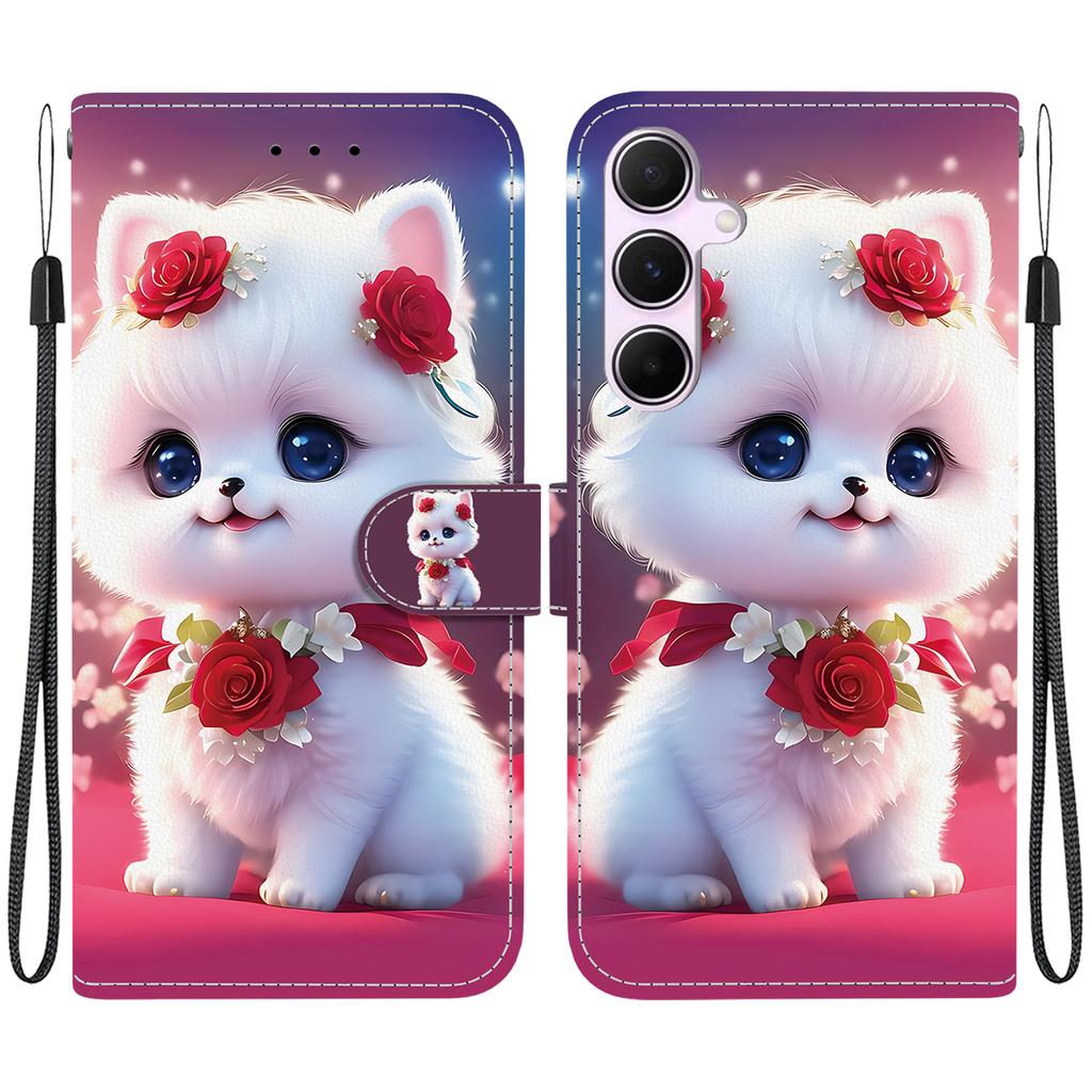 Handmade PU Leather Flip Case for Samsung Galaxy A55 (A556V/A556B/A556E)- Anti-Slip Shockproof Cover with Wrist Strap & Heart/Rose Cat Designs
