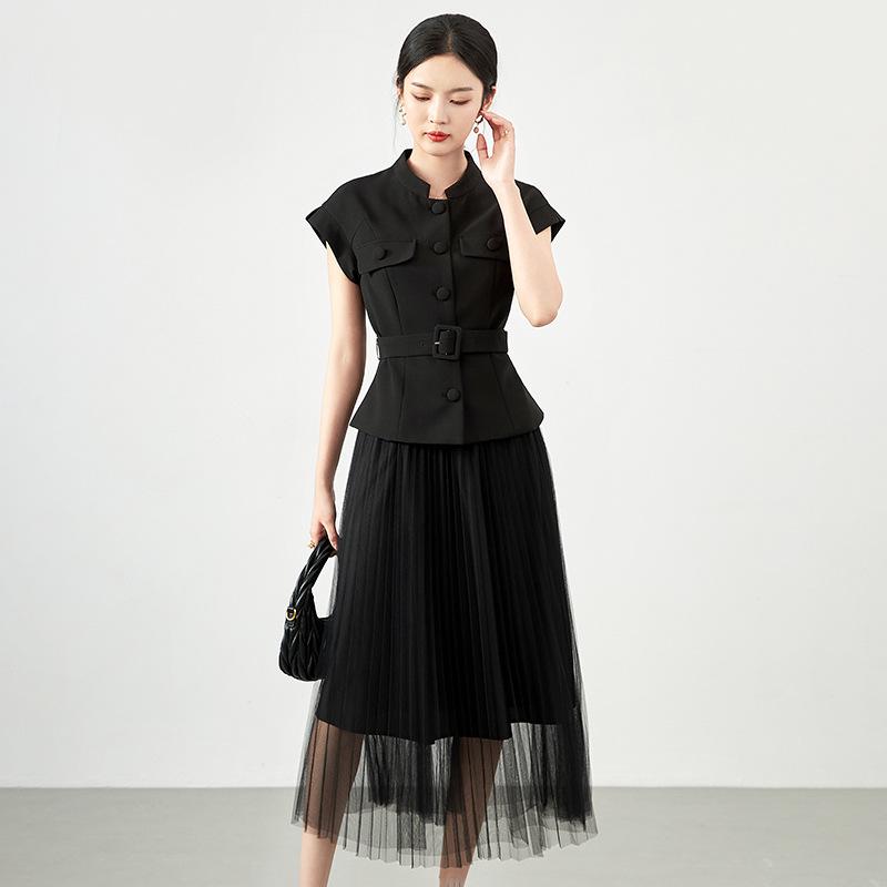 

Французский приталенный блейзер и сетчатая юбка - Новая женская мода, стройнящая фигуру L чёрный