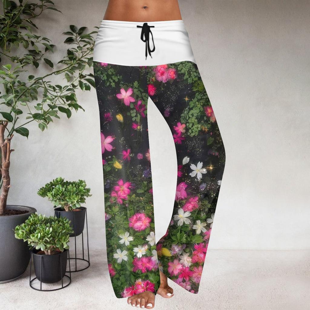 Pantaloni Casual Largi cu Talie Elastică cu Șnur pentru Femei, cu Imprimeu Floral și Blocuri de Culoare