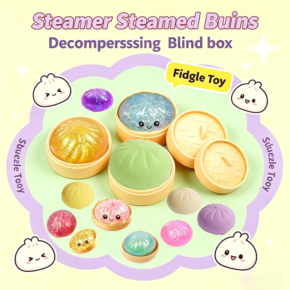 New Glitter Colorful Dumpling Stress Relief Balls Fidget Sensory Toy Simulation Food Sensory Squeeze Bun With Steamer Blind Box