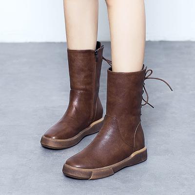 Genuine Leather Shz Boots Female 2024 Winter New Flat Bottom Plus Velvet Cotton Boots British Wind Retro Wild Women's Bootshj